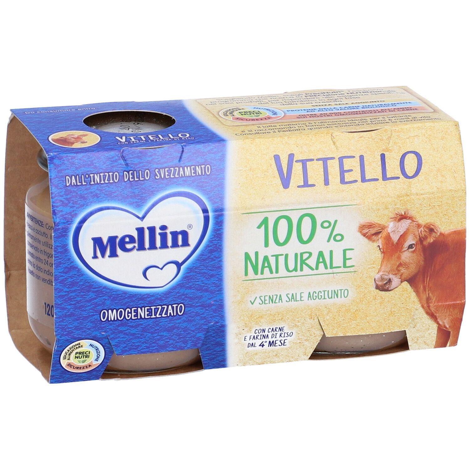 Confezione di omogeneizzato Mellin Vitello. Scritta: 100% Naturale, senza sale aggiunto. Confezione da due vasetti.