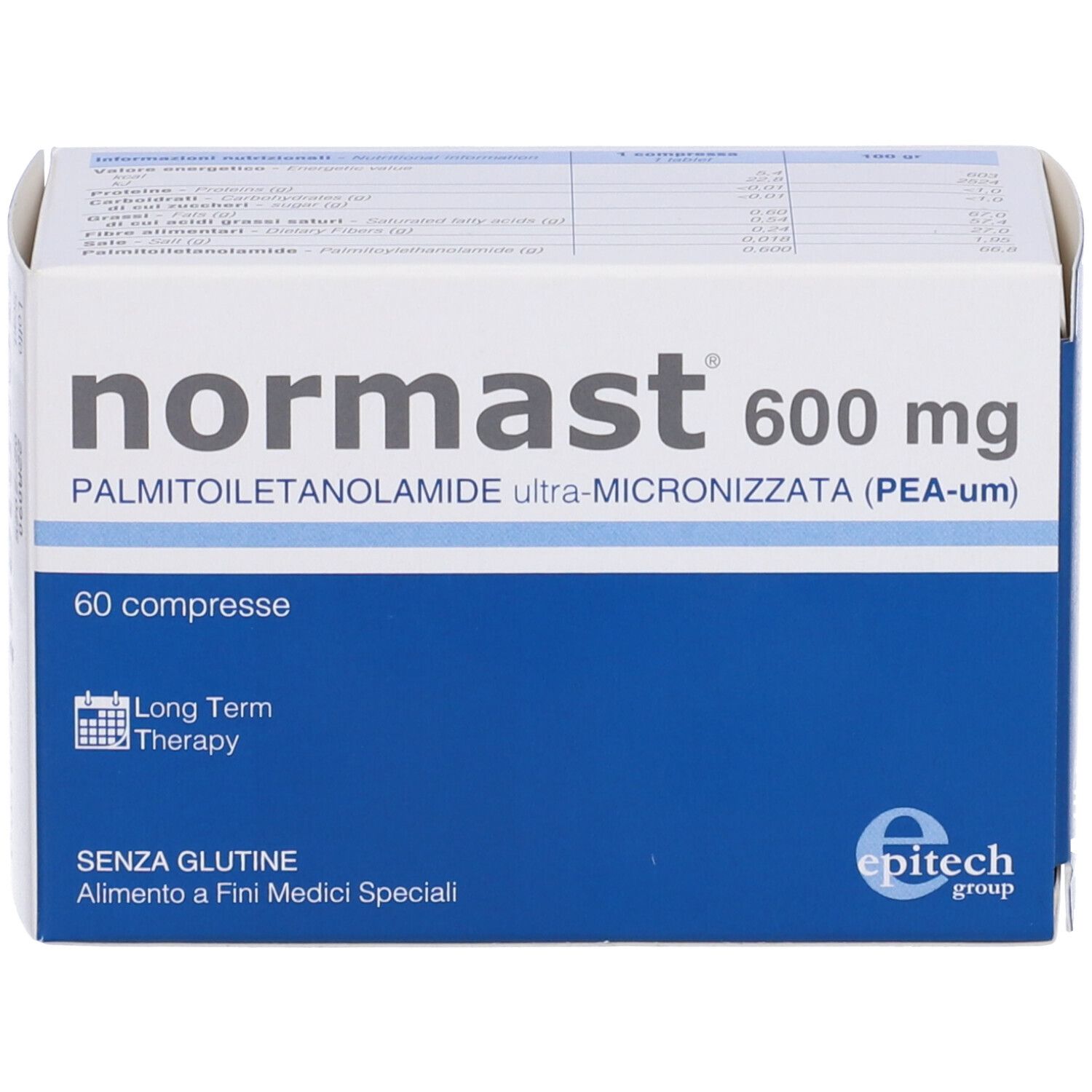 Normast 600 mg Packung mit 60 Tabletten, glutenfrei.