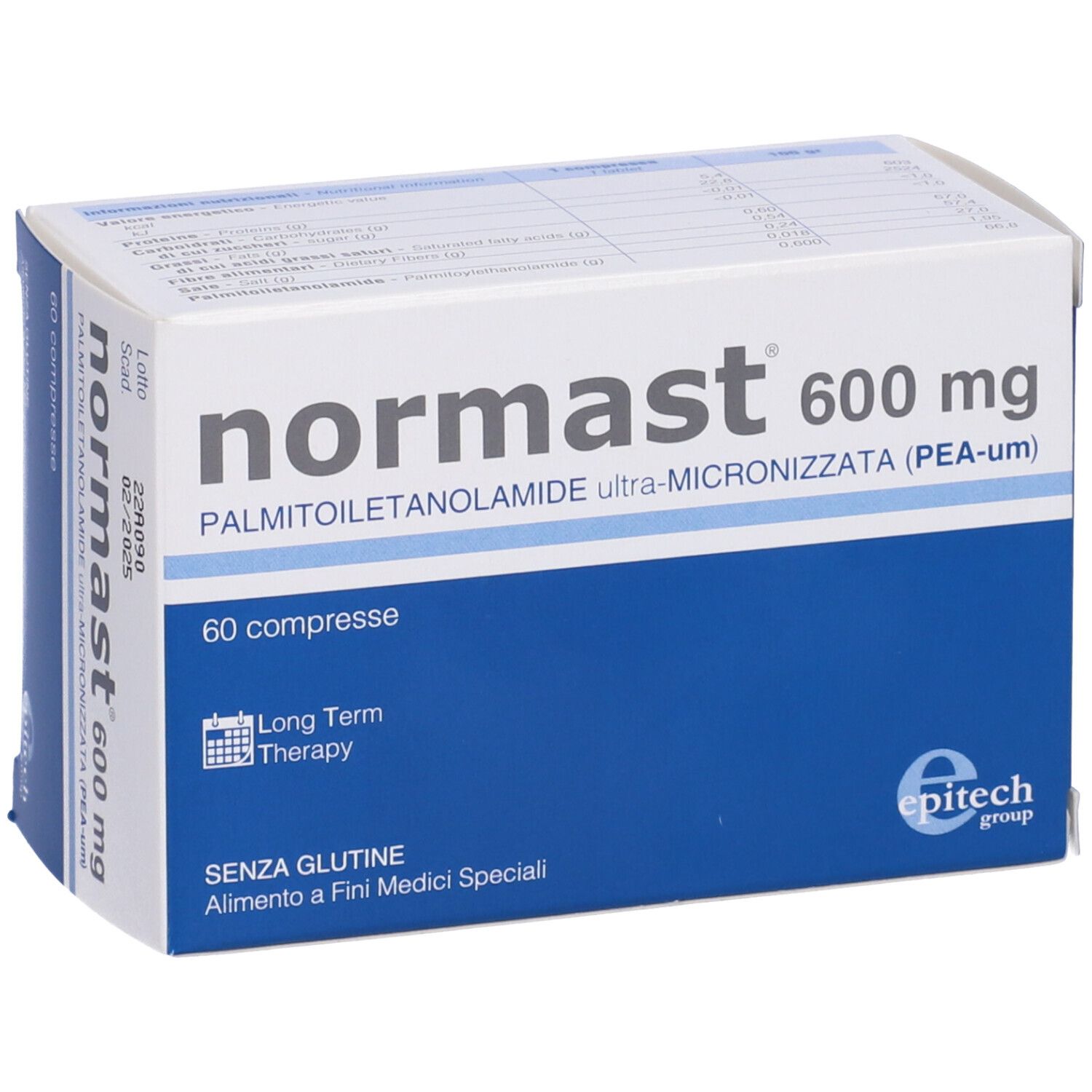 Normast 600 mg Packung mit 60 Tabletten, glutenfrei.