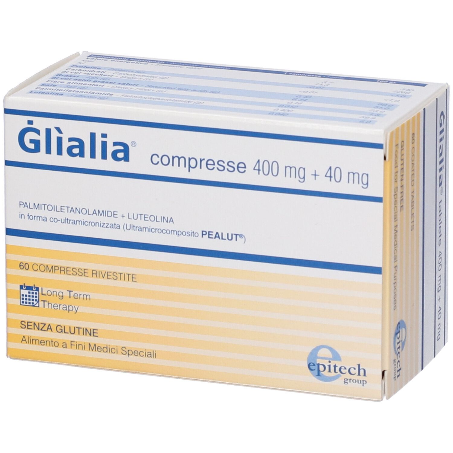Schachtel mit Glialia Tabletten. Aufschrift: compresse 400 mg + 40 mg. 60 Tabletten. Glutenfrei. Epitech Group.
