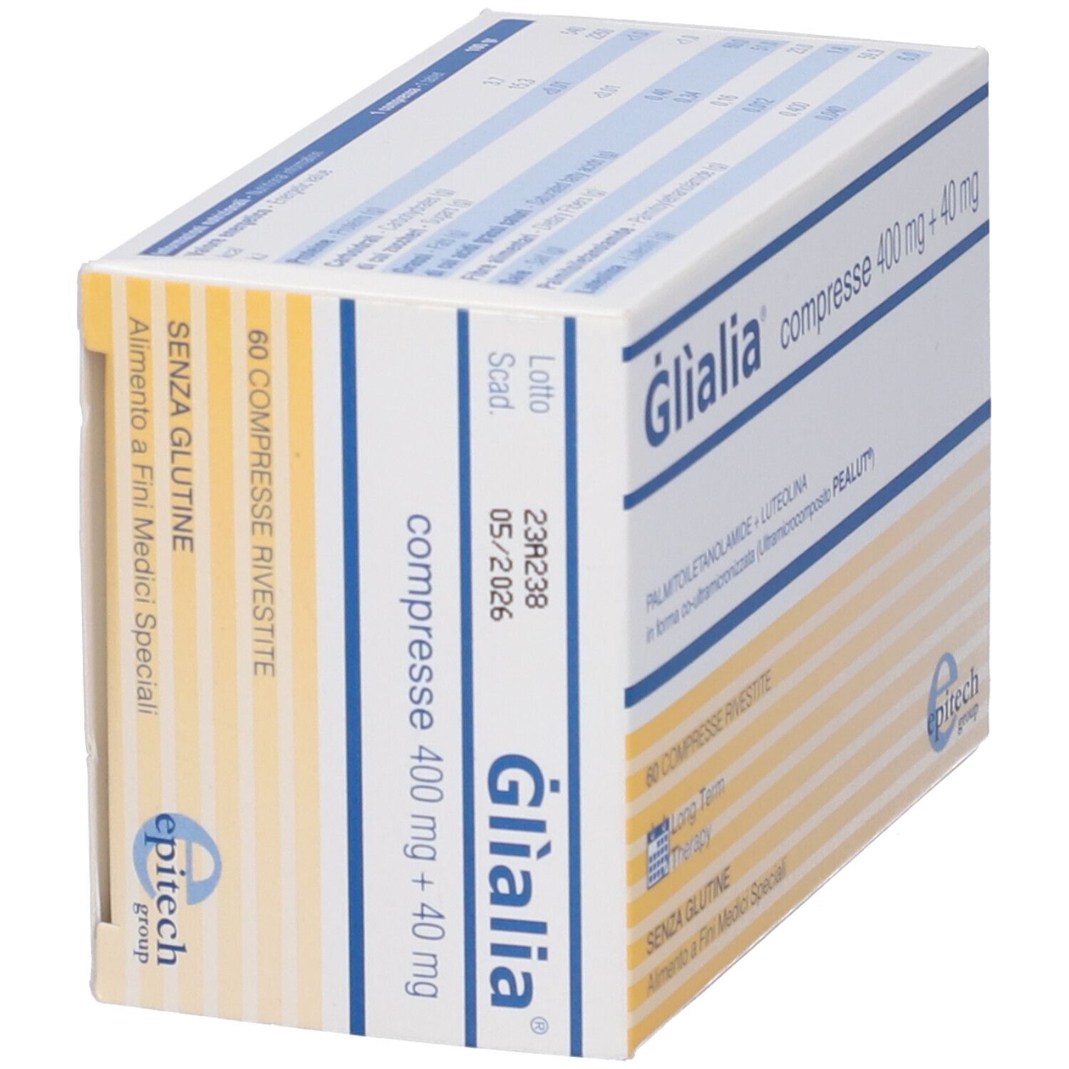 Glialia Tabletten-Schachtel, Seitenansicht. Aufschrift: compresse 400 mg + 40 mg. 60 Tabletten. Glutenfrei. Epitech Group.