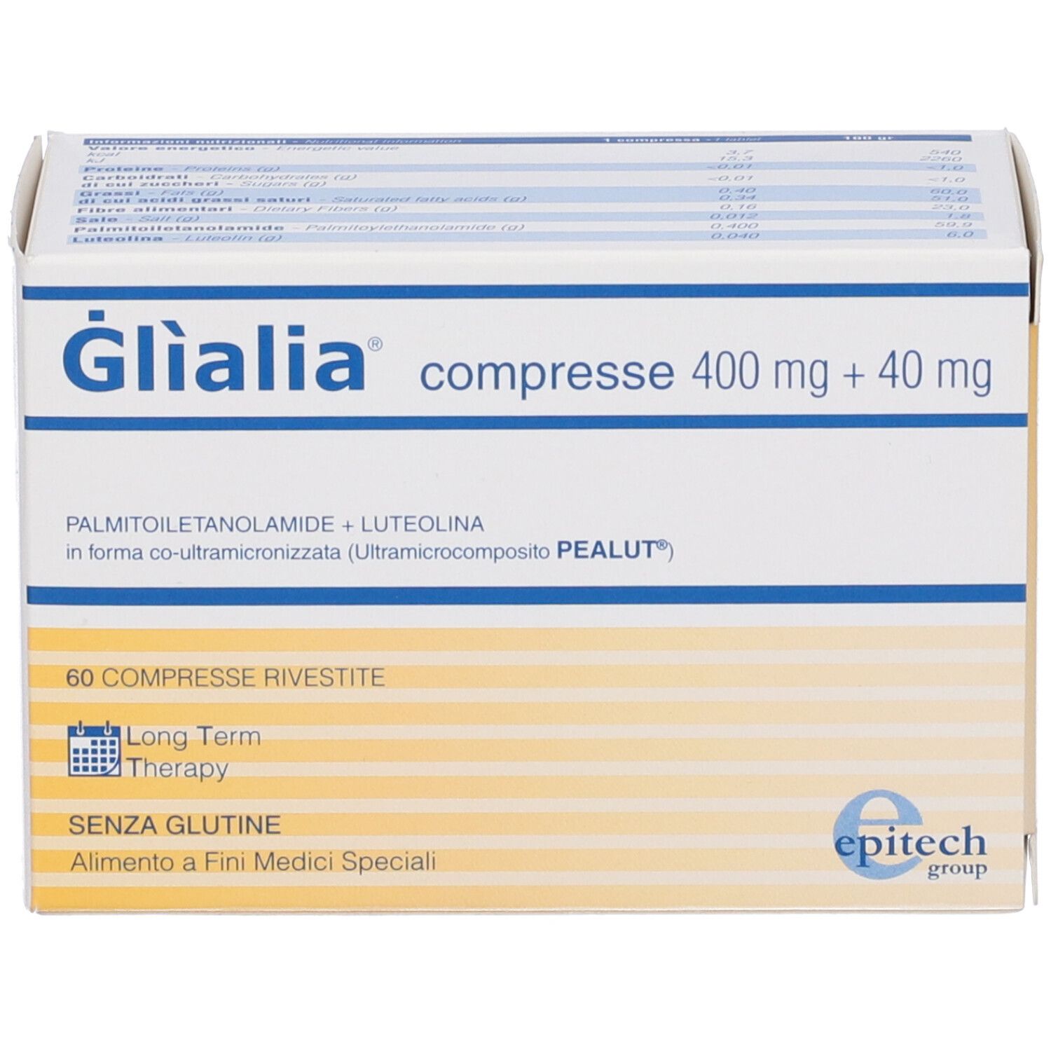 Schachtel mit Glialia Tabletten. Aufschrift: compresse 400 mg + 40 mg. 60 Tabletten. Glutenfrei. Epitech Group.