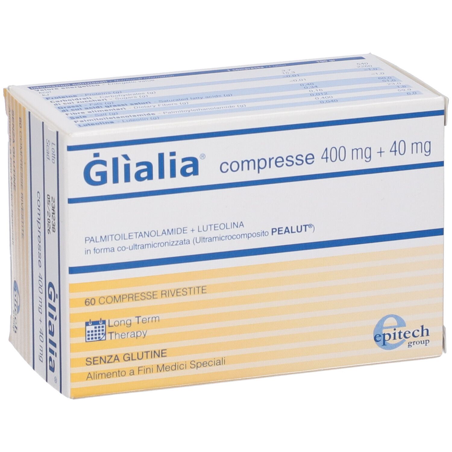Glialia Tabletten-Schachtel. Aufschrift: compresse 400 mg + 40 mg. 60 Tabletten. Glutenfrei. Epitech Group.