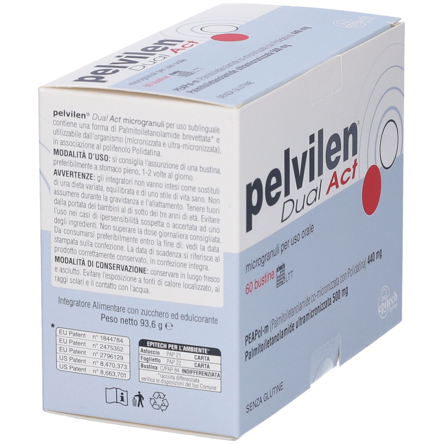 Scatola Pelvilen Dual Act, testo e ingredienti. Contiene 60 bustine. Senza glutine.