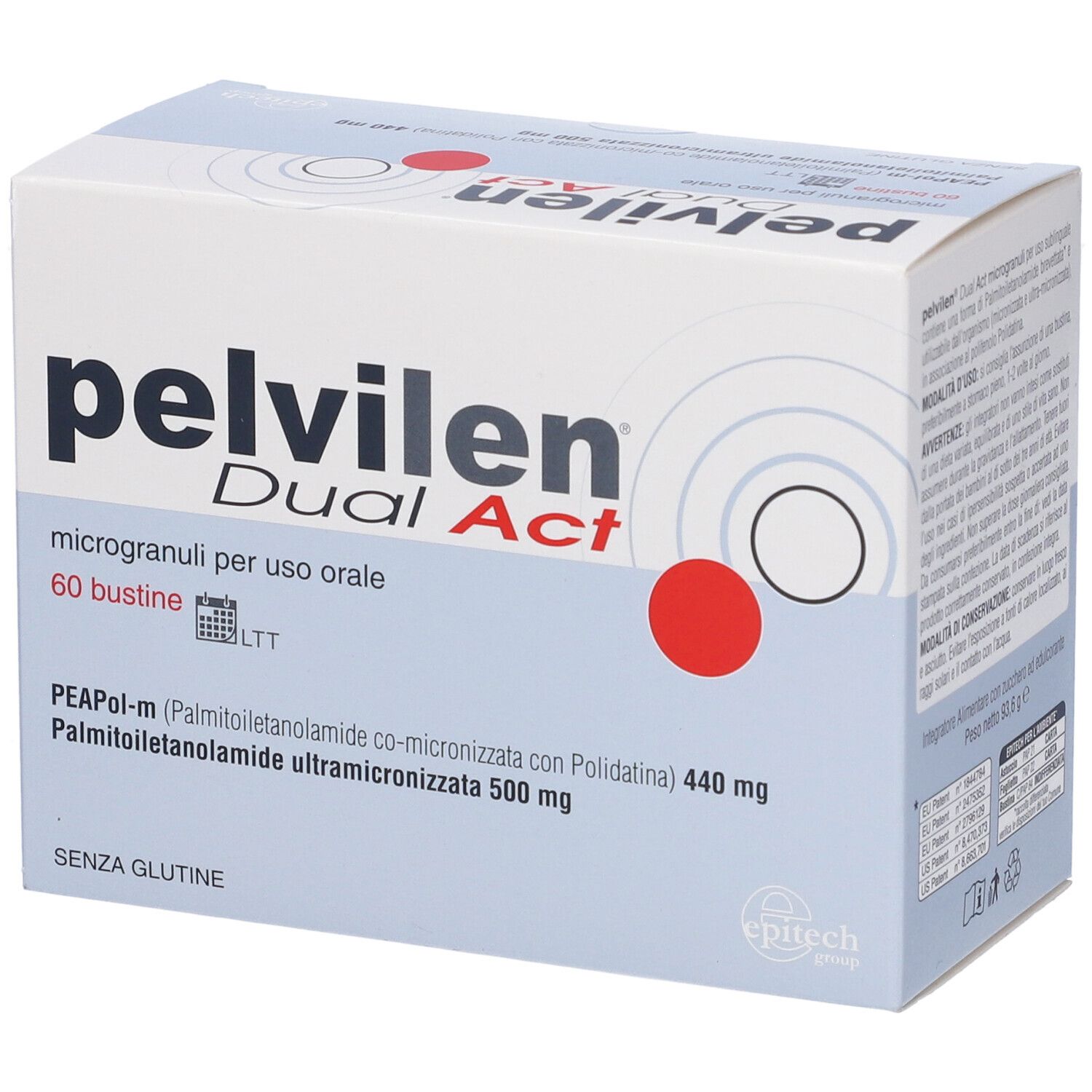 Scatola Pelvilen Dual Act, 60 bustine. Contiene PEApol-m e palmitoiletanolamide. Senza glutine.