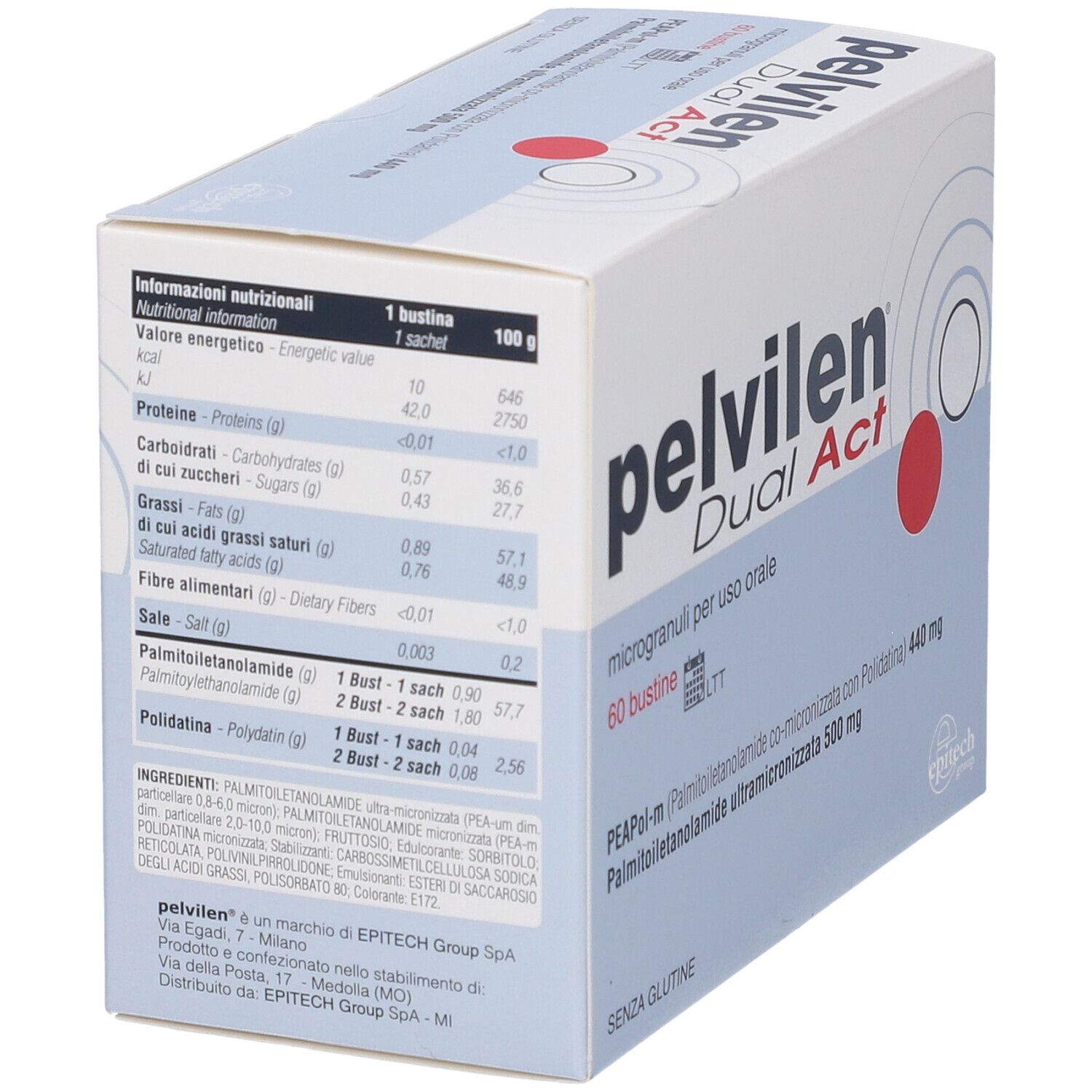 Scatola Pelvilen Dual Act, informazioni nutrizionali e ingredienti. Contiene 60 bustine. Senza glutine.