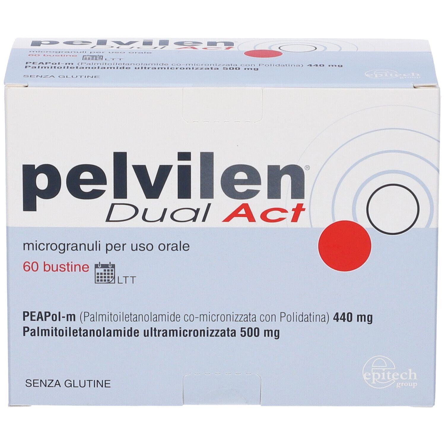 Scatola Pelvilen Dual Act, 60 bustine. Contiene PEApol-m e palmitoiletanolamide. Senza glutine.