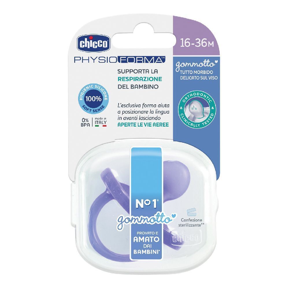 Confezione con succhietto viola. Marca Chicco, modello Gommotto. Età 16-36 mesi. Ortodontico.