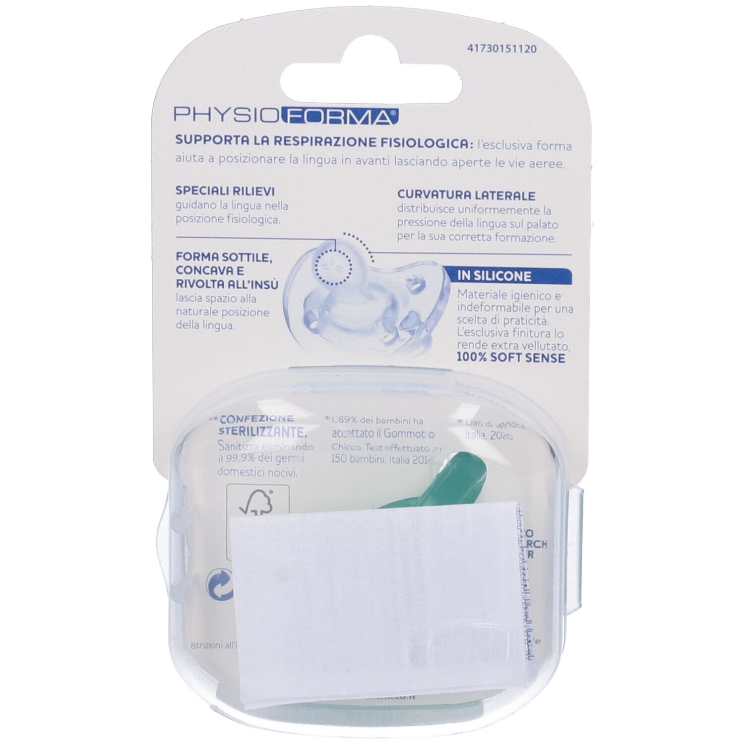 Retro della confezione. Dettagli del succhietto. Marca Chicco, modello Gommotto. Sterilizzabile.