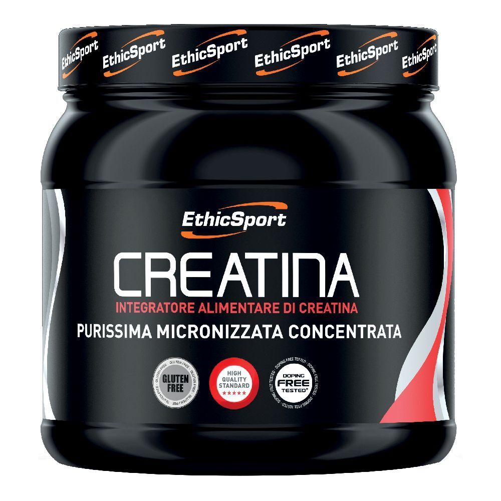 Barattolo nero con etichetta. Scritta: EthicSport Creatina, senza glutine, doping free.