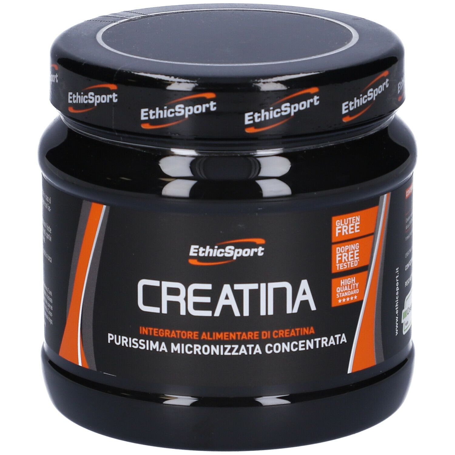Barattolo nero con etichetta. Scritta: EthicSport Creatina, senza glutine, doping free.