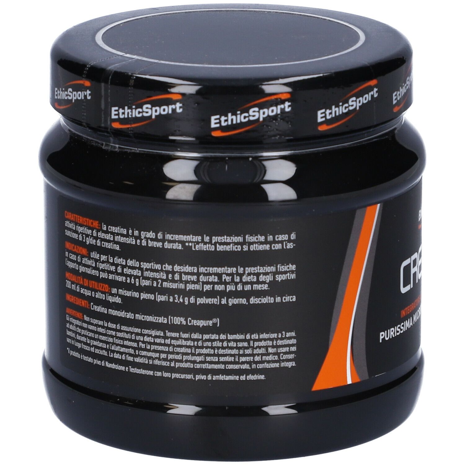Barattolo nero con etichetta. Scritta: EthicSport Creatina, testo in italiano.