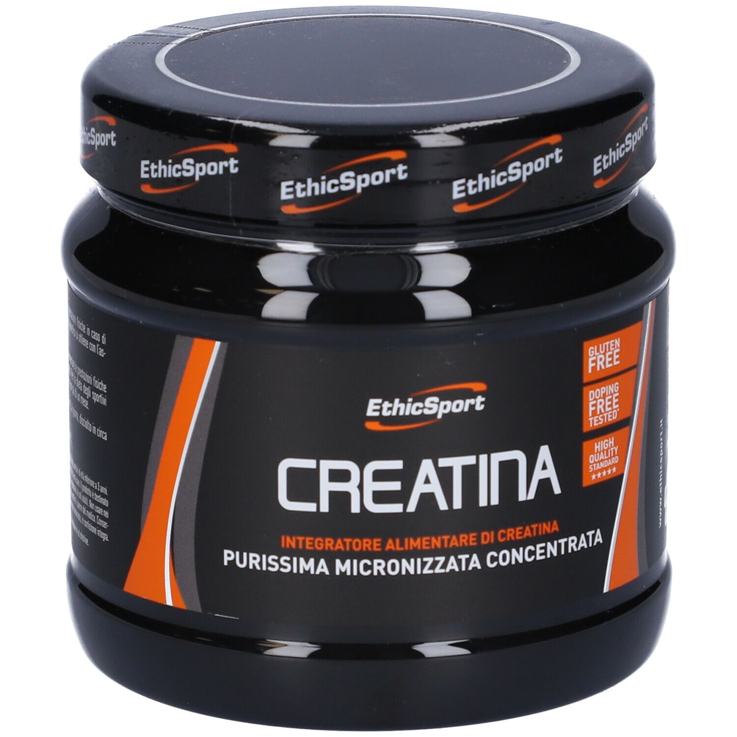 Barattolo nero con etichetta. Scritta: EthicSport Creatina, senza glutine, doping free.