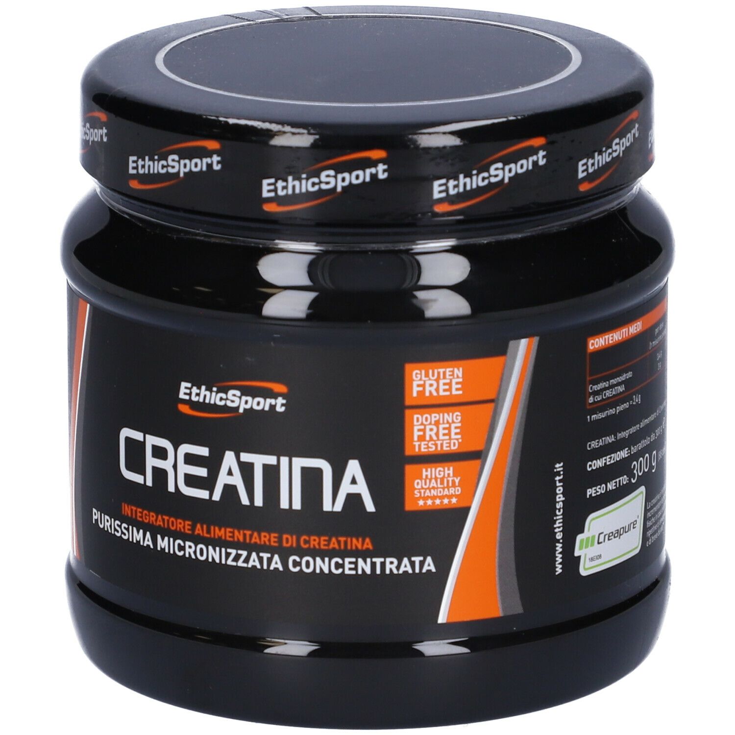 Barattolo nero con etichetta. Scritta: EthicSport Creatina, senza glutine, doping free.