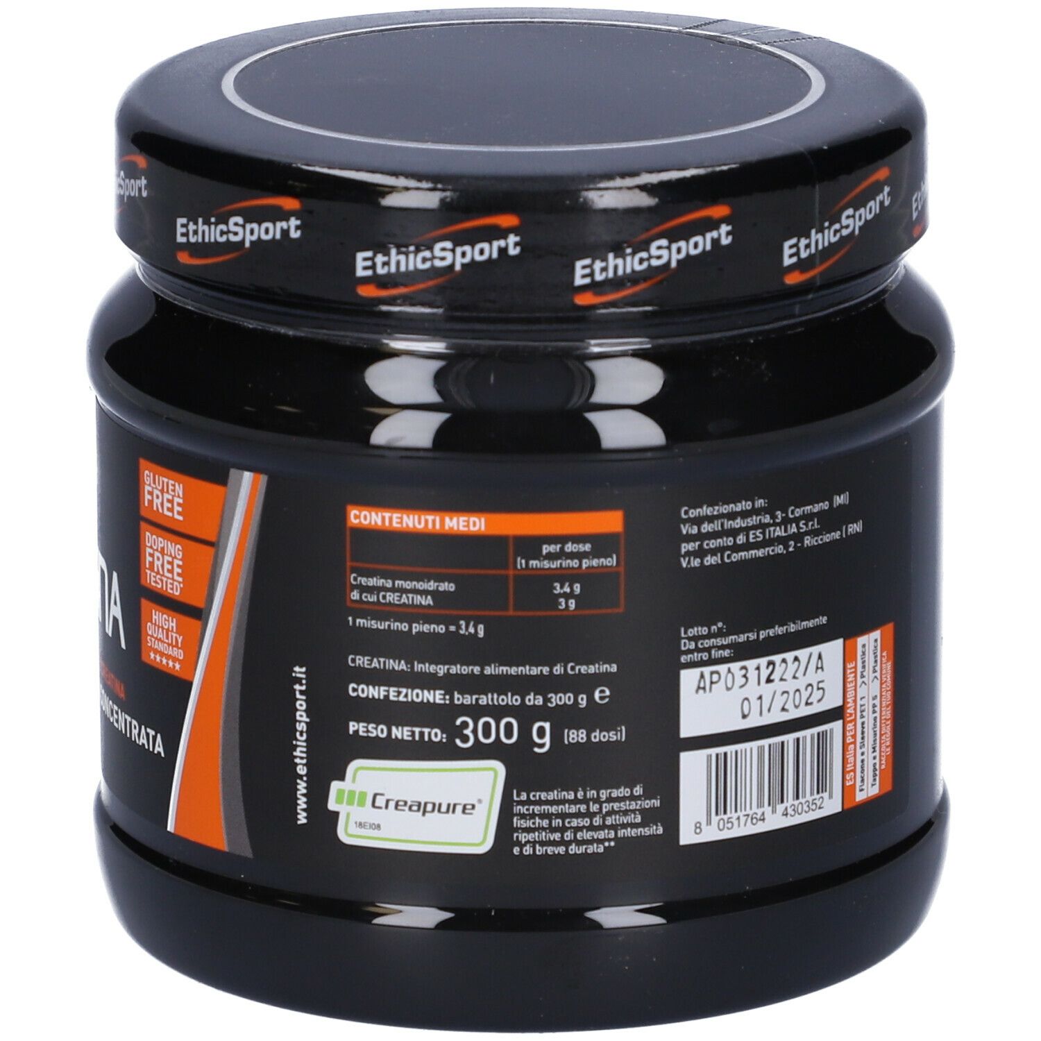 Barattolo nero con etichetta. Scritta: EthicSport Creatina, 300g, senza glutine, doping free.