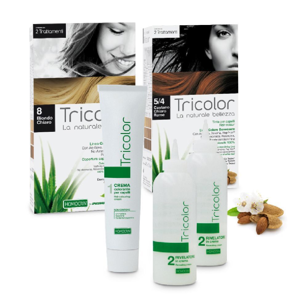 Set di tinture per capelli con crema, flaconi e confezioni. Contiene prodotti a marchio Tricolor. Esempi di colori di capelli sono mostrati sulla confezione.
