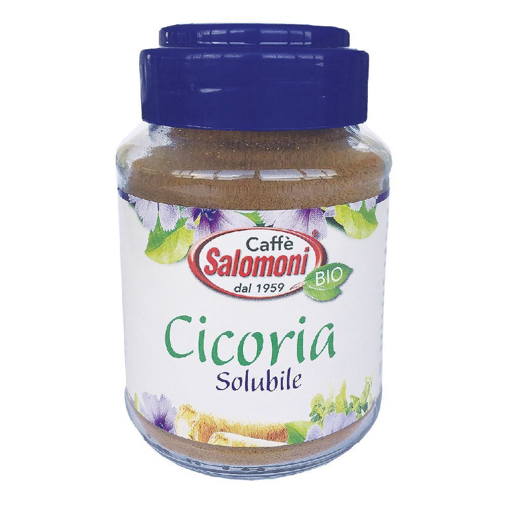 Barattolo di vetro con polvere marrone. Etichetta con testo e logo: Caffe Salomoni, Cicoria Solubile, sigillo BIO.