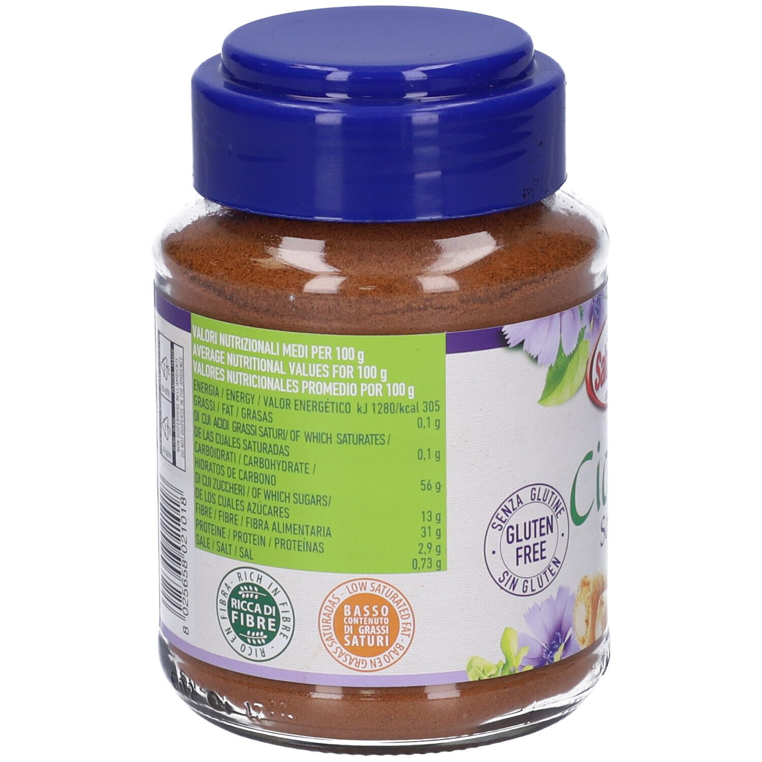 Barattolo di vetro con polvere marrone. Retro con informazioni nutrizionali, testo e loghi.
