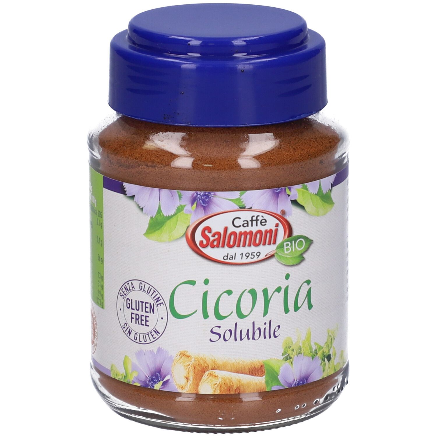 Barattolo di vetro con polvere marrone. Etichetta con testo e logo: Caffe Salomoni, Cicoria Solubile, Senza glutine.