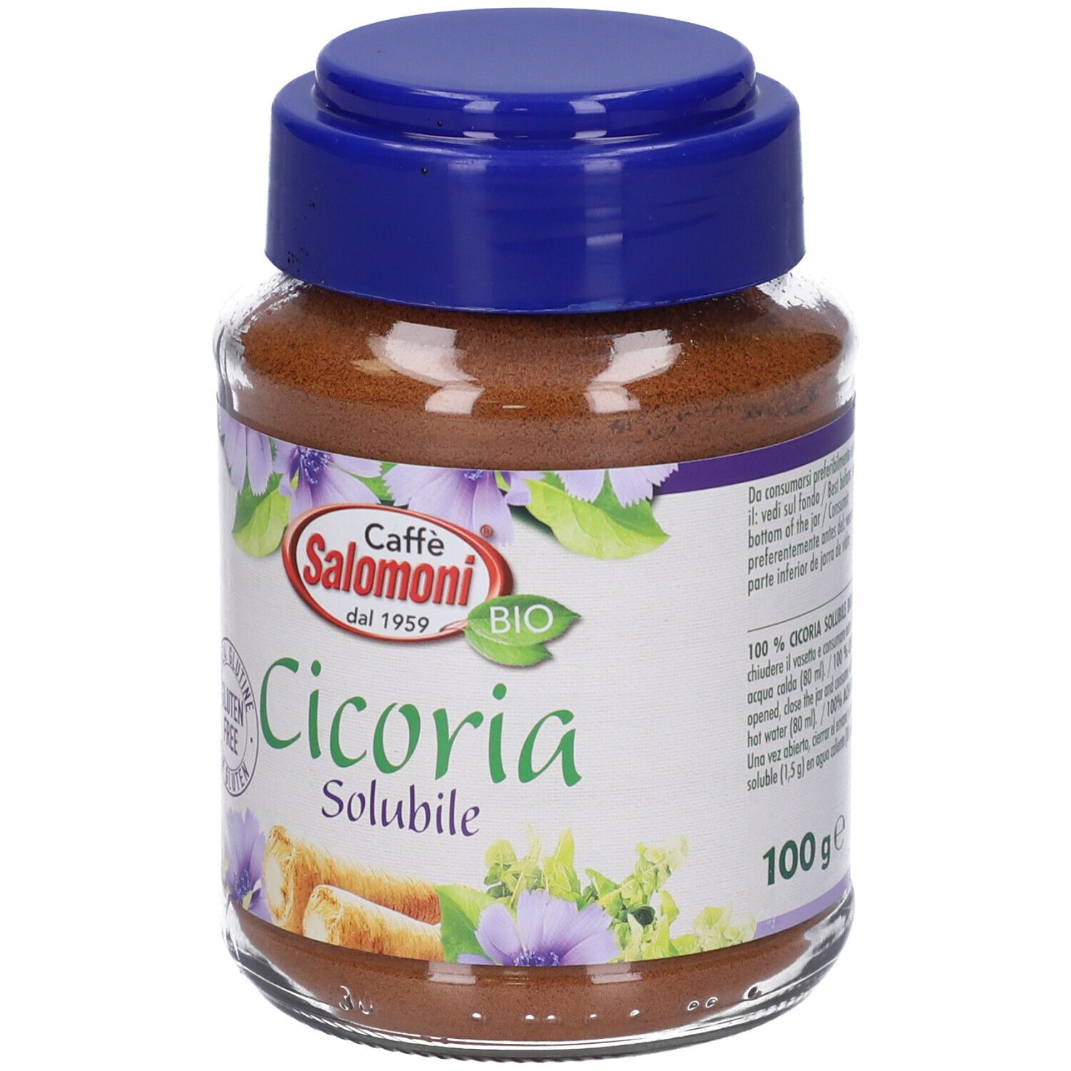 Barattolo di vetro con polvere marrone. Etichetta con testo e logo: Caffe Salomoni, Cicoria Solubile, 100g.