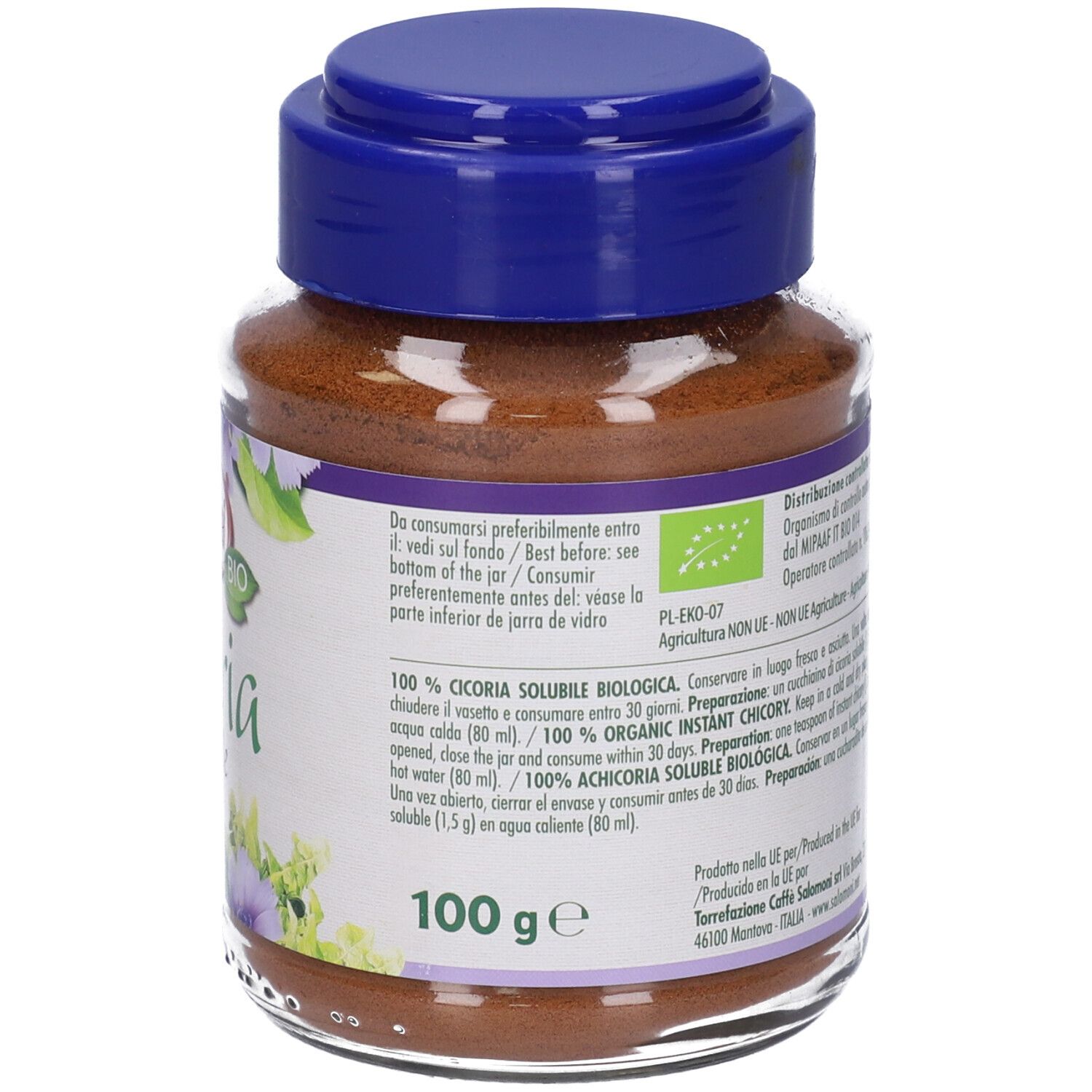 Barattolo di vetro con polvere marrone. Retro con testo, loghi e indicazione 100 g.