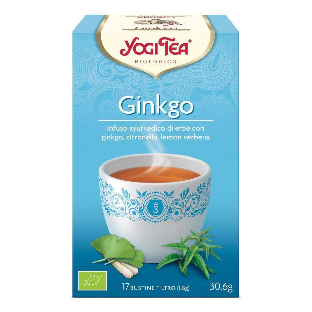 Yogi Tea Ginkgo Bio 17 Filtri. Confezione di tè. Tazza, erbe e foglie illustrate.