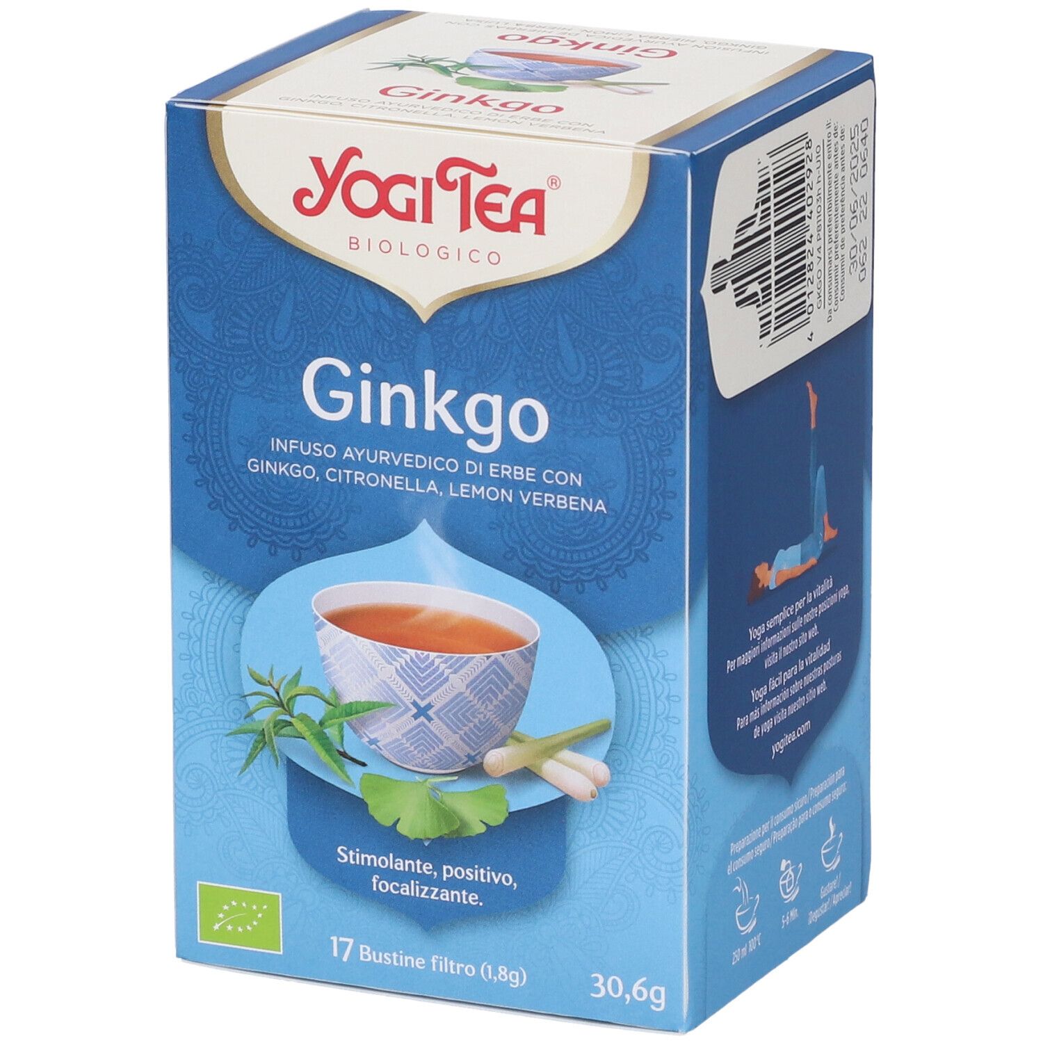 Yogi Tea Ginkgo Bio 17 Filtri. Scatola angolata. Bustina, erbe, foglie, tazza. Testo.