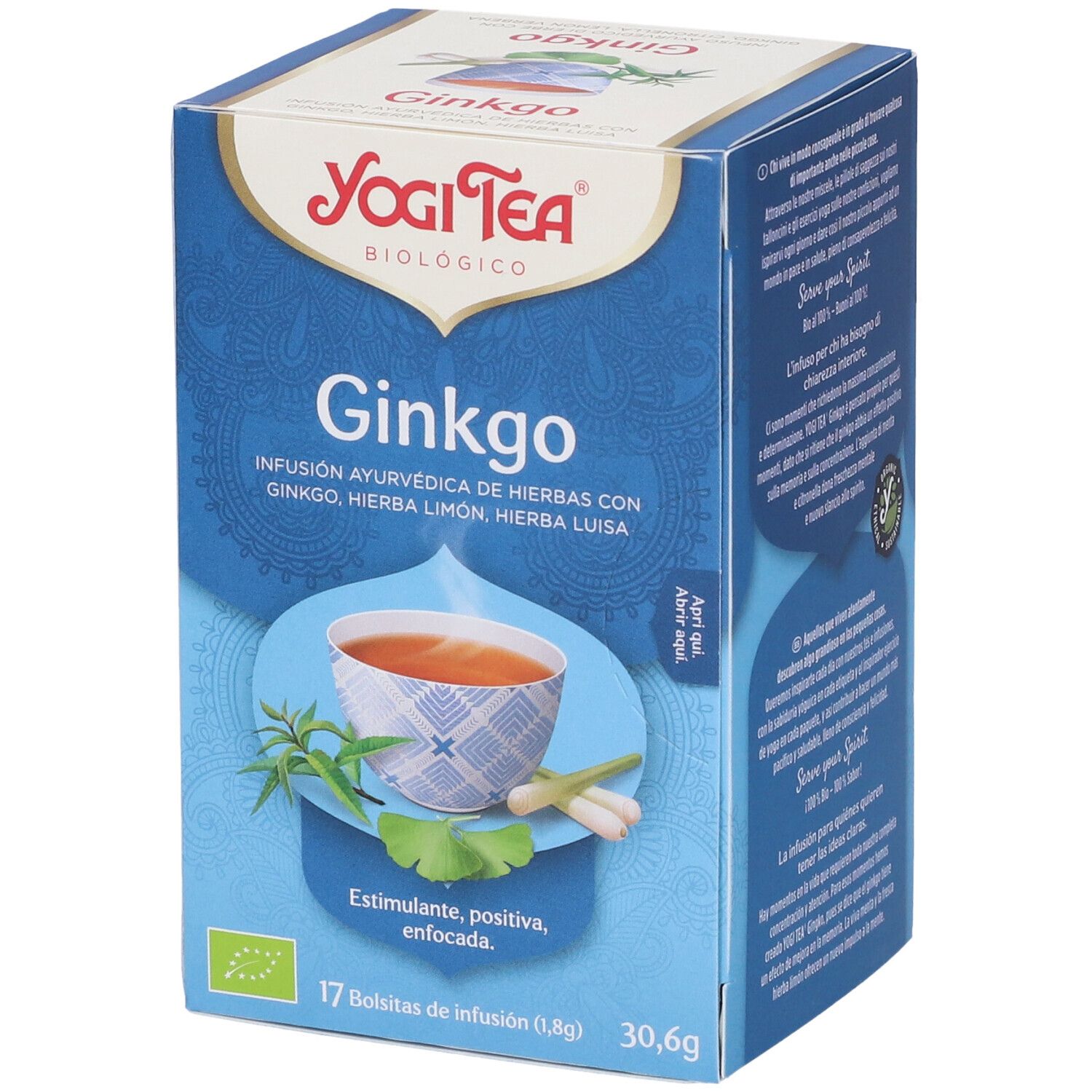 Yogi Tea Ginkgo Bio 17 Filtri. Scatola angolata. Testo, illustrazioni, logo, bustina.