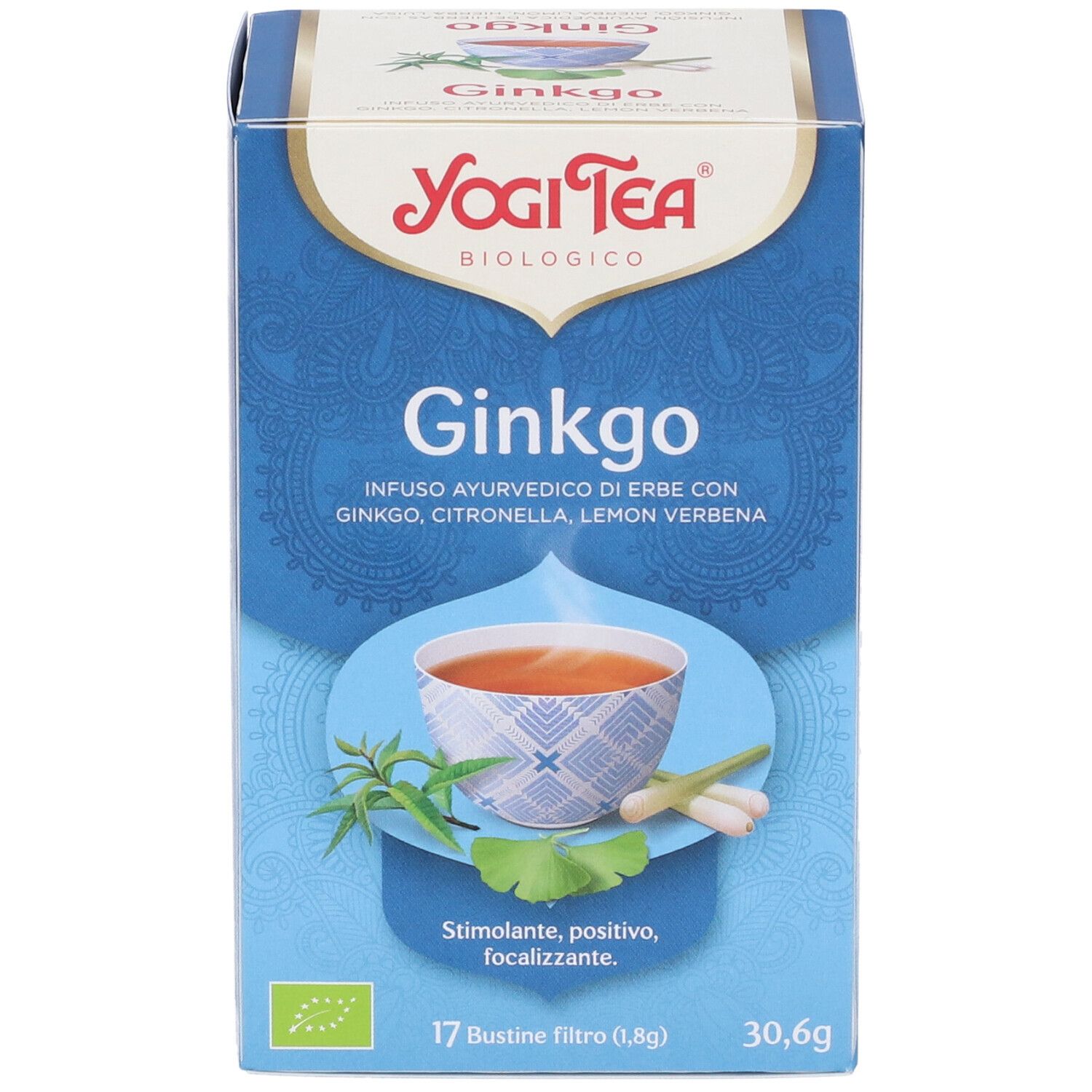 Yogi Tea Ginkgo Bio 17 Filtri. Confezione. Bustina, erbe, foglie, tazza. Testo.