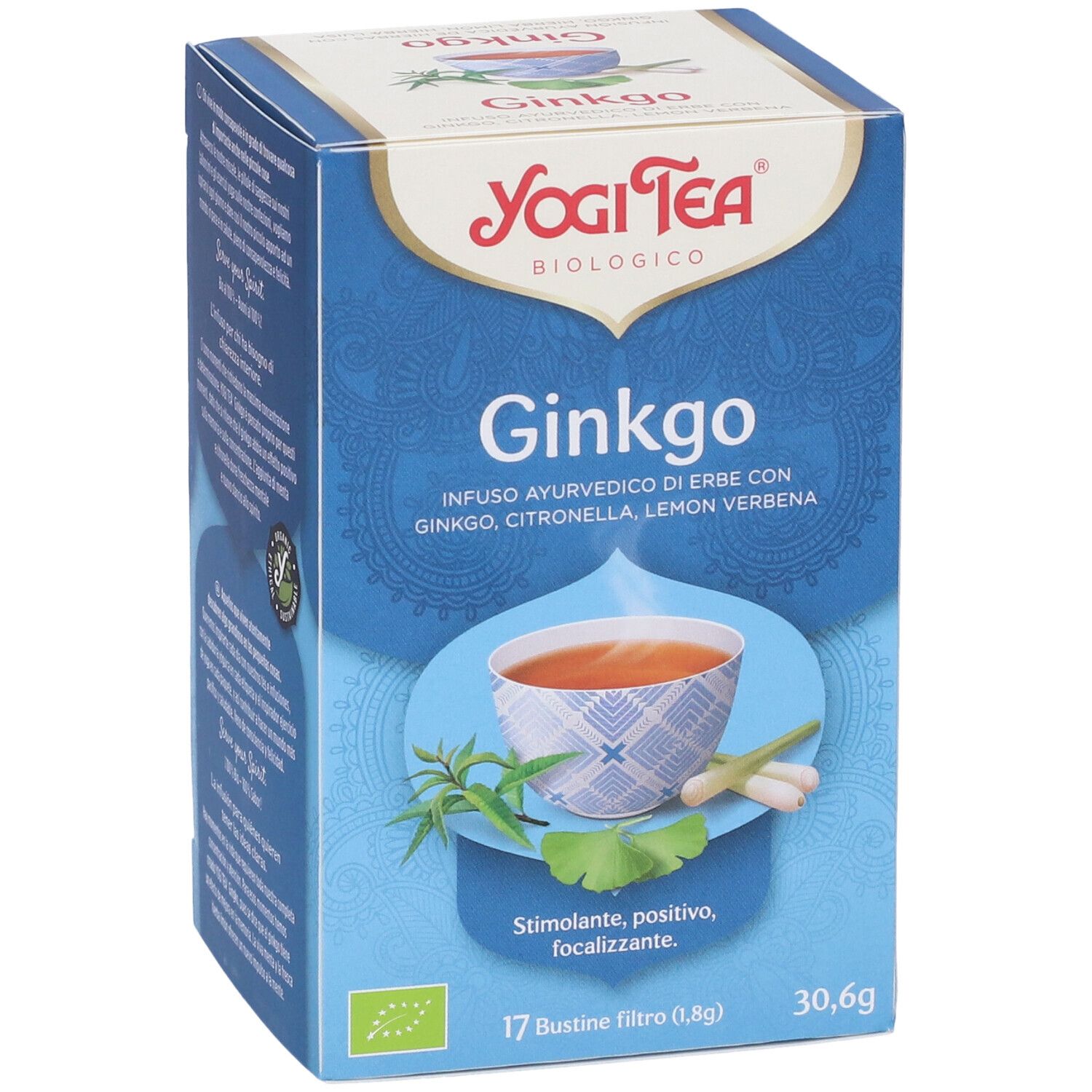 Yogi Tea Ginkgo Bio 17 Filtri. Scatola angolata. Testo, illustrazioni, logo, bustina.