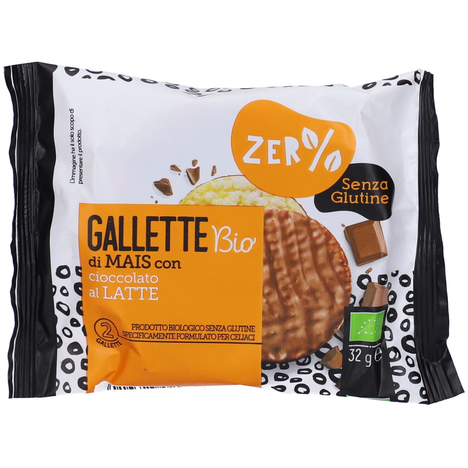 Confezione di gallette di mais ricoperte di cioccolato al latte. Prodotto biologico senza glutine. Etichetta arancione con dettagli.