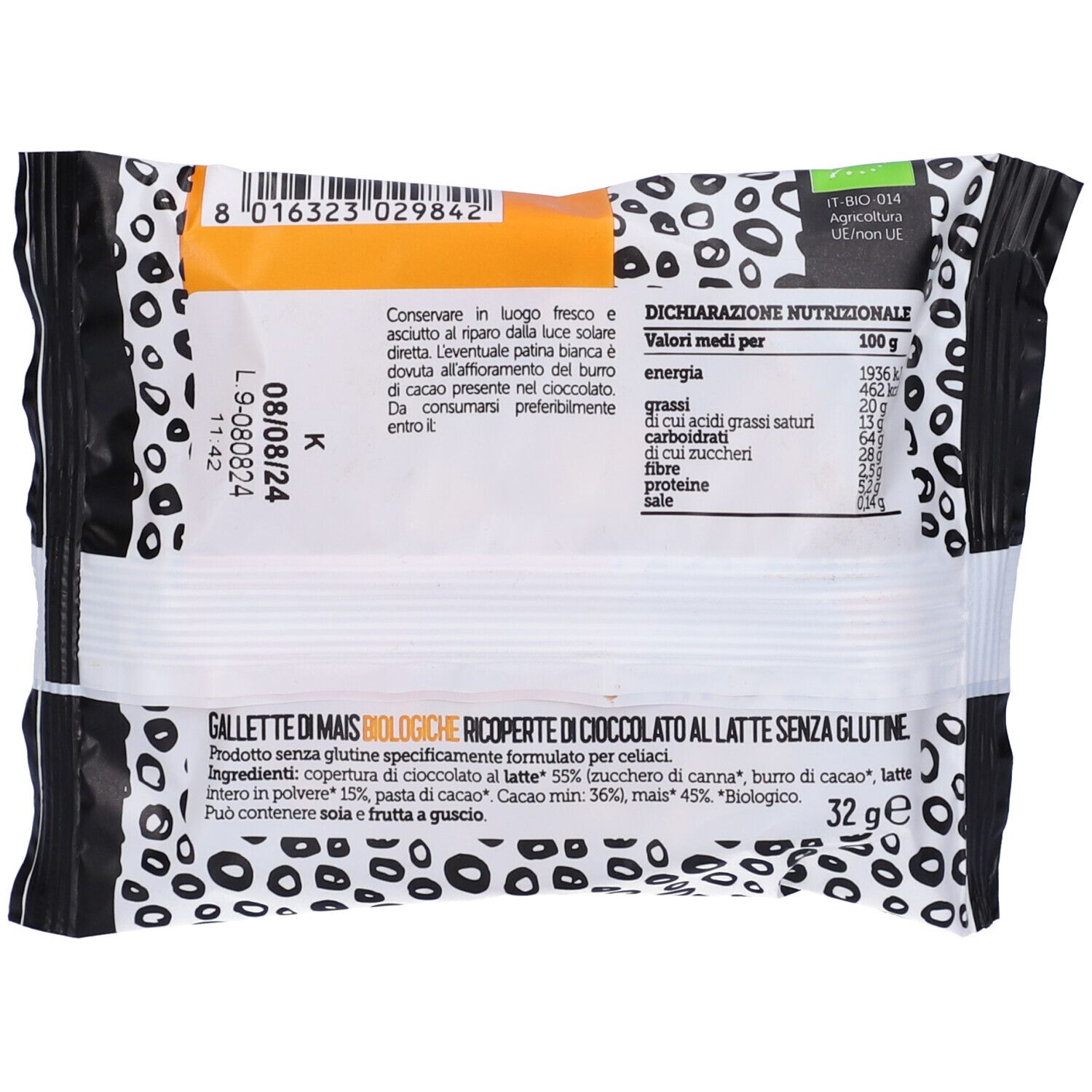 Retro confezione con informazioni nutrizionali e lista ingredienti. Testo in italiano. Sigillo bio.