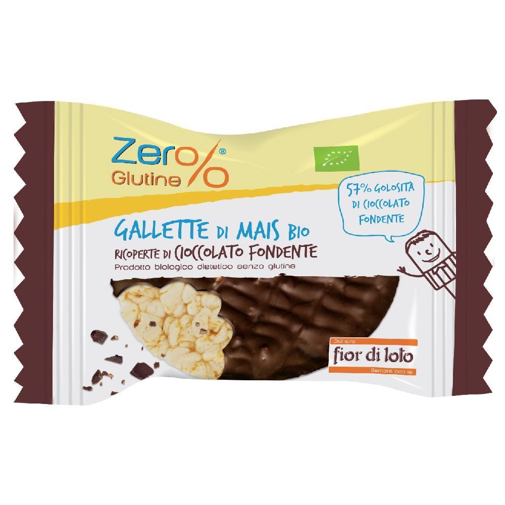 Galletta di mais ricoperta di cioccolato, confezionata. Prodotto biologico senza glutine. Loghi: Zero%, Fior di Loto, marchio bio UE.