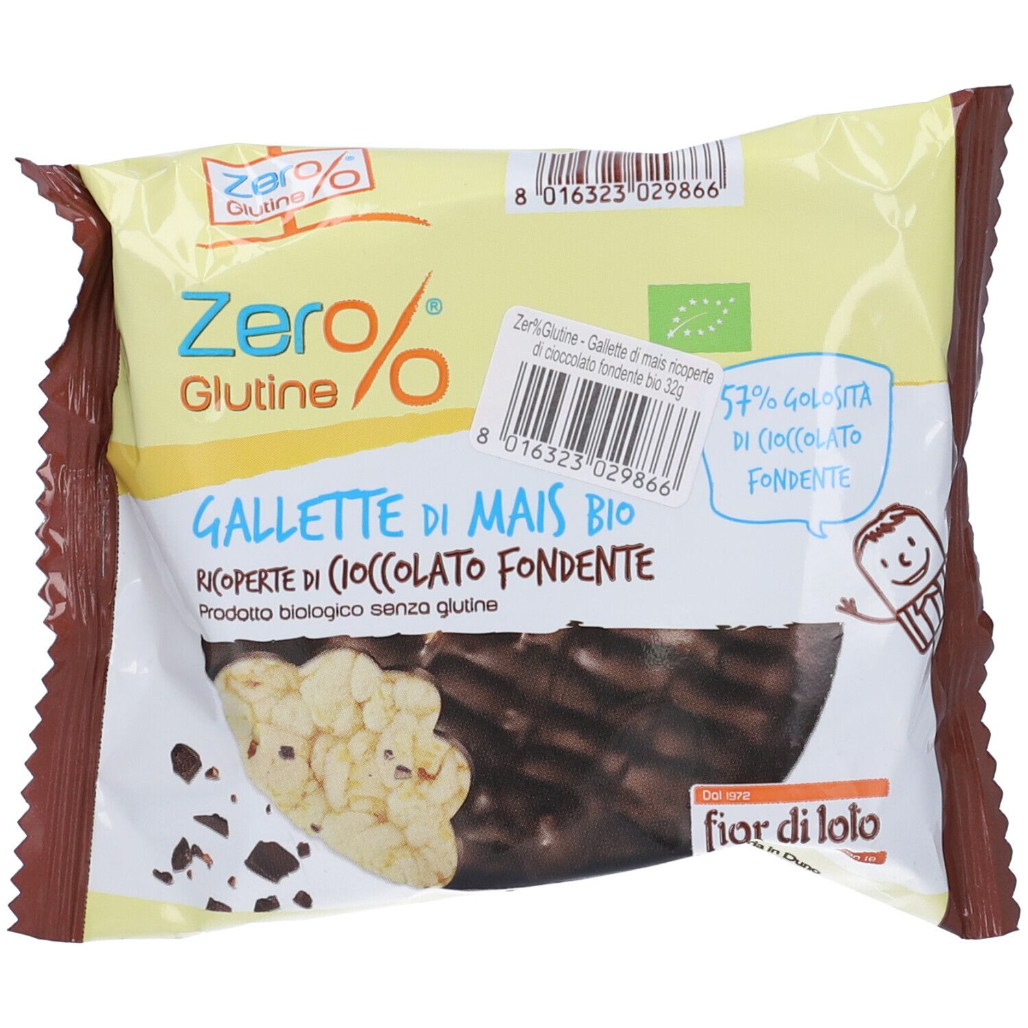 Galletta di mais ricoperta di cioccolato, confezionata. Prodotto biologico senza glutine. Loghi: Zero%, Fior di Loto, marchio bio UE, codice a barre.