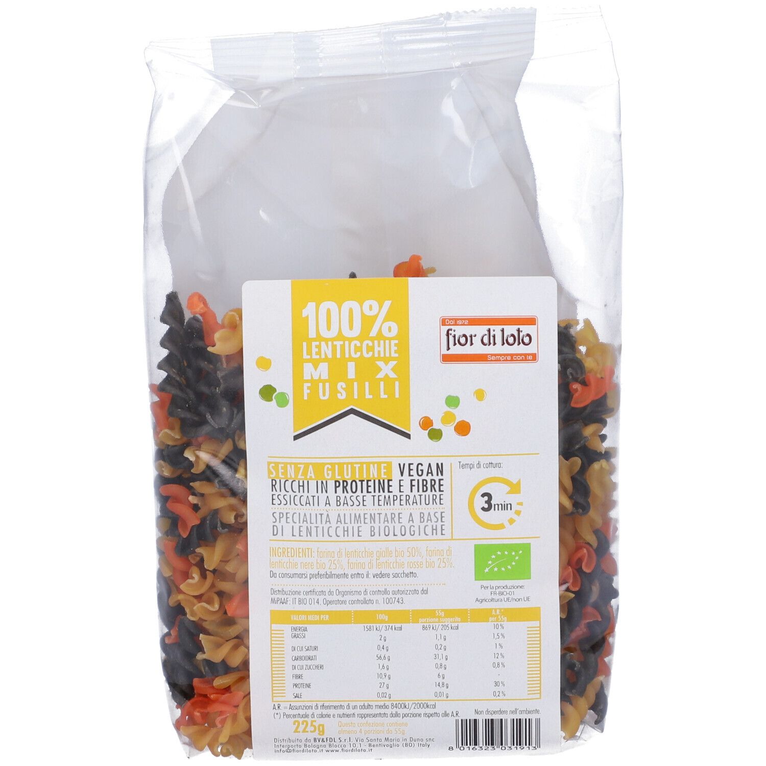 Sacchetto trasparente di pasta fusilli. Scritta: 100% Lenticchie Mix Fusilli, Fior di Lolo, certificazione bio, informazioni nutrizionali.