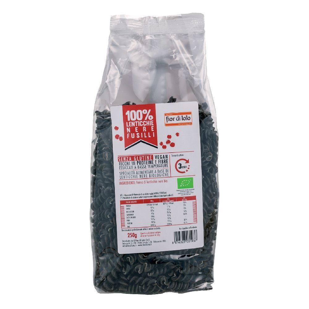 Confezione trasparente con fusilli neri. Scritta: 100% Lenticchie Nere Fusilli, marchio Fior di Lolo, senza glutine, vegano, sigillo biologico.