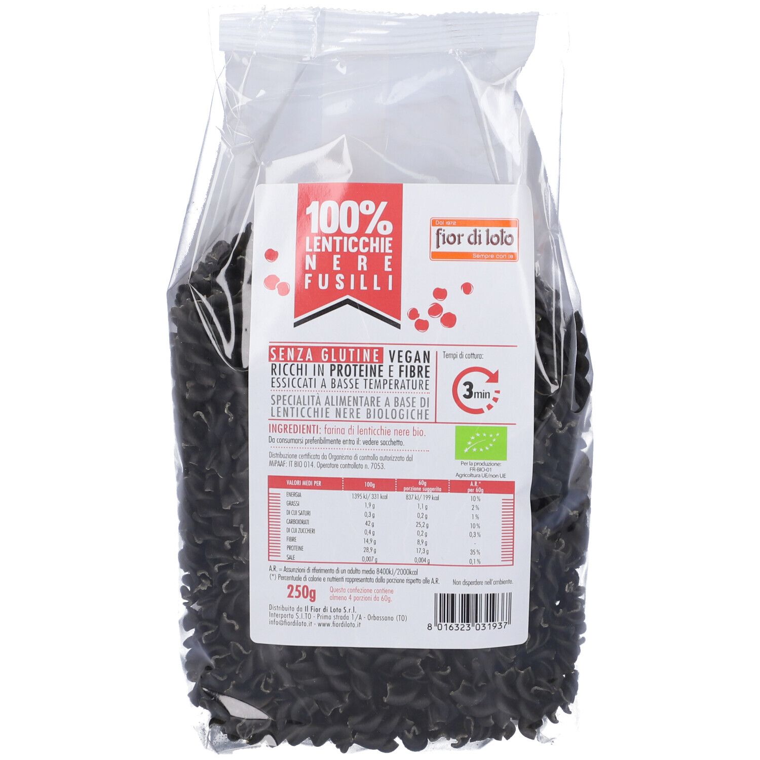 Confezione trasparente con fusilli neri. Scritta: 100% Lenticchie Nere Fusilli, marchio Fior di Lolo, senza glutine, vegano, sigillo biologico.