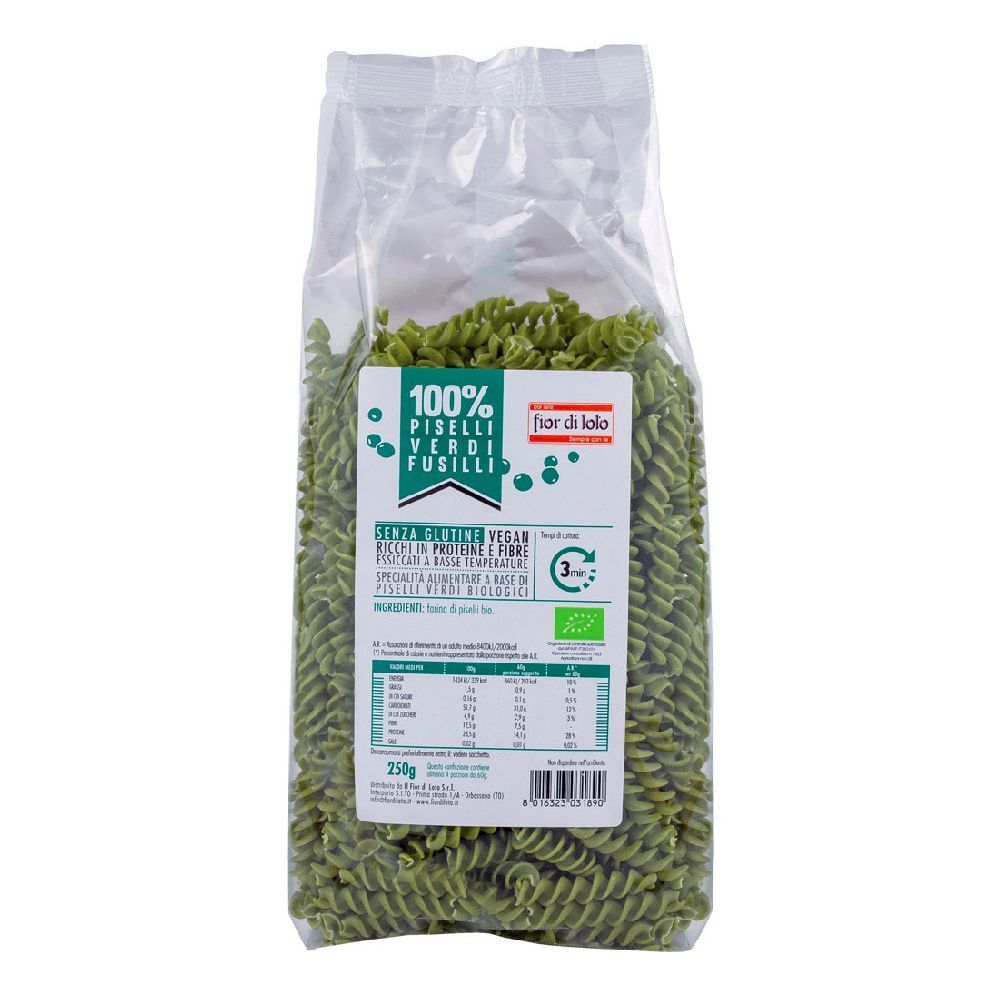 Confezione trasparente di pasta fusilli verde. Scritta: 100% Piselli Verdi Fusilli, Fior di lolo. Contiene informazioni nutrizionali e certificazione biologica.