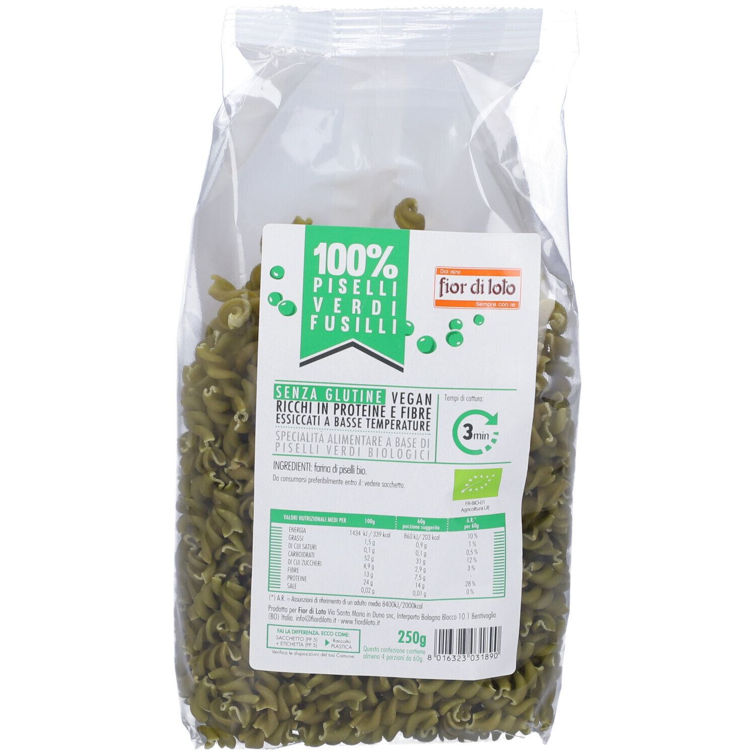 Confezione trasparente di pasta fusilli verde. Scritta: 100% Piselli Verdi Fusilli, Fior di lolo. Contiene informazioni nutrizionali e certificazione biologica.
