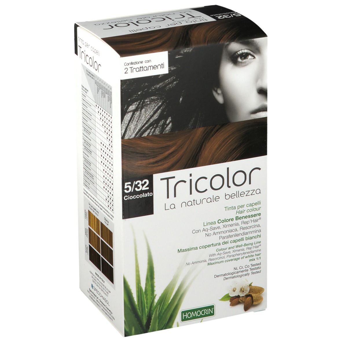 Haarfärbemittel-Box. Tricolor 5/32 Schoko. Frau mit braunen Haaren. Aloe Vera und Mandeln abgebildet. HOMOCRIN Logo.