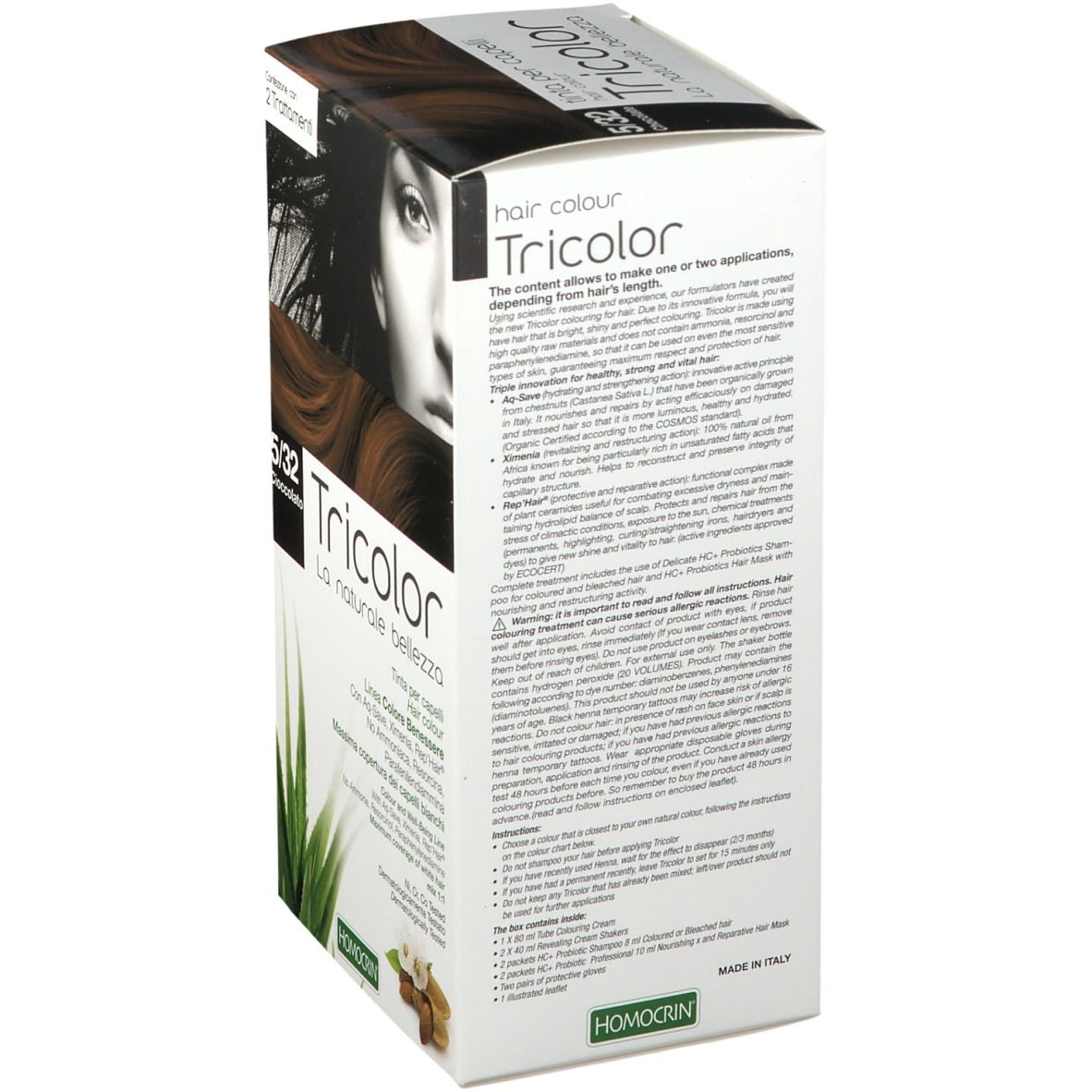 Haarfärbemittel-Box. Tricolor. Rückseite mit Text. Aloe Vera und Mandeln abgebildet. HOMOCRIN Logo. Hergestellt in Italien.