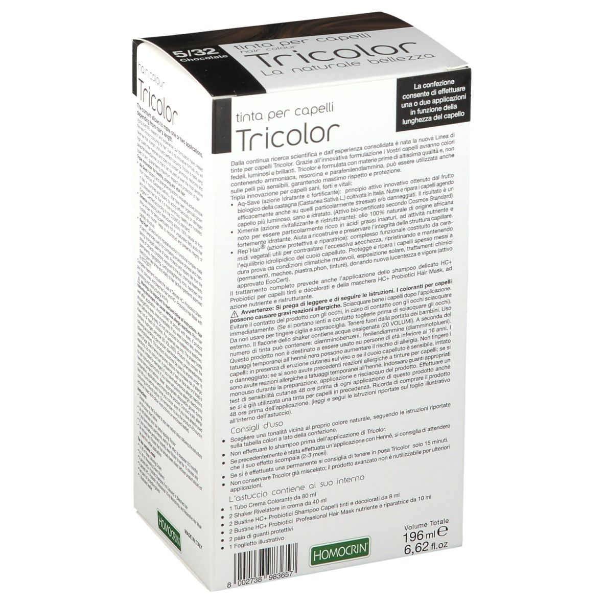 Haarfärbemittel-Box. Tricolor. Rückseite mit Text. HOMOCRIN Logo. Volumen 196ml. Hergestellt in Italien.