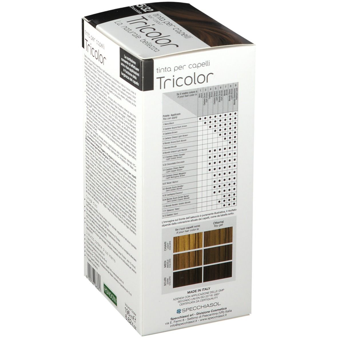 Haarfärbemittel-Box. Tricolor. Rückseite mit Text und Farbtabelle. SPECCHIASOL Logo. Hergestellt in Italien.