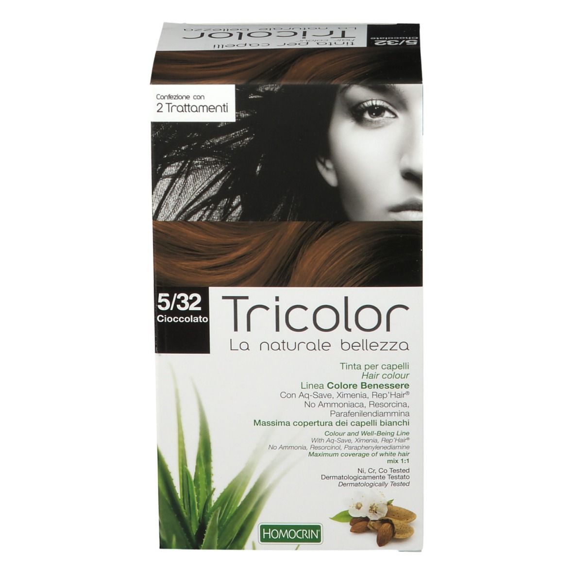 Haarfärbemittel-Box. Tricolor 5/32 Schoko. Frau mit braunen Haaren. Aloe Vera und Mandeln abgebildet. HOMOCRIN Logo.