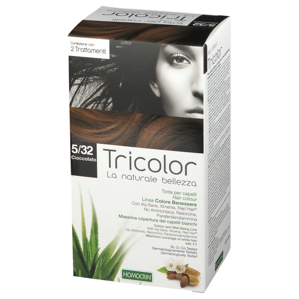 Haarfärbemittel-Box. Tricolor 5/32 Schoko. Frau mit braunen Haaren. Aloe Vera und Mandeln abgebildet. HOMOCRIN Logo.
