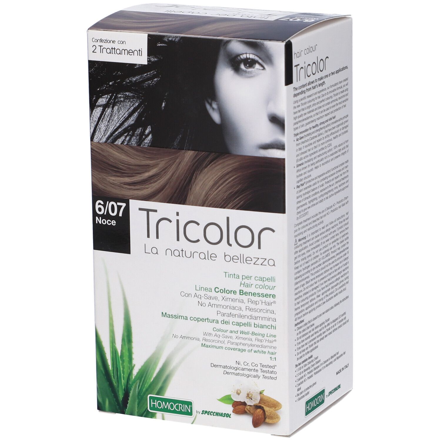Scatola di tinta per capelli Tricolor. Stampa: 6/07 Noce, volto di donna, foglia di aloe vera, nomi e testo del prodotto.