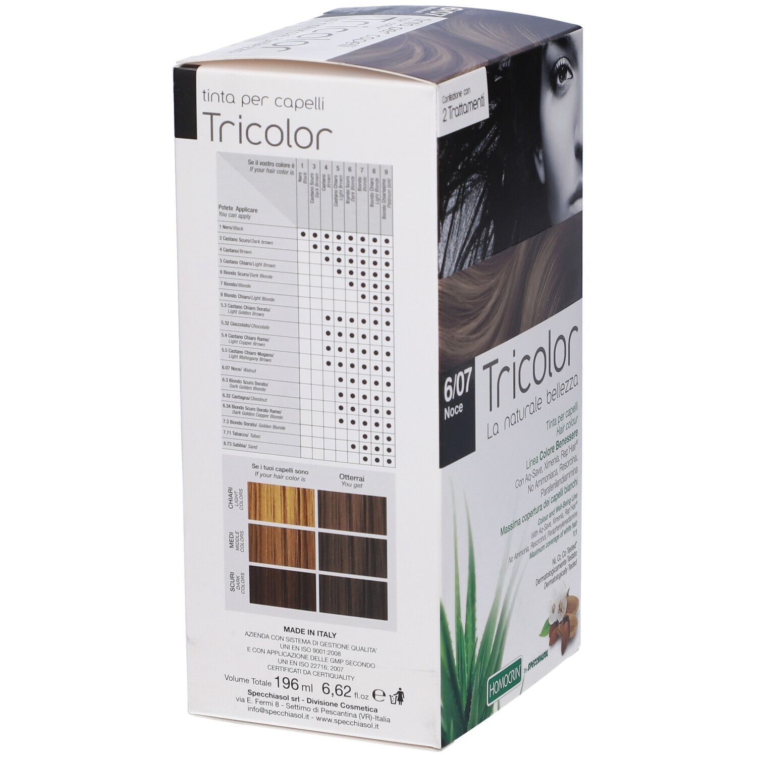 Retro della scatola di tinta per capelli Tricolor. Nomi dei prodotti, tabella colori, testo e volto di donna.