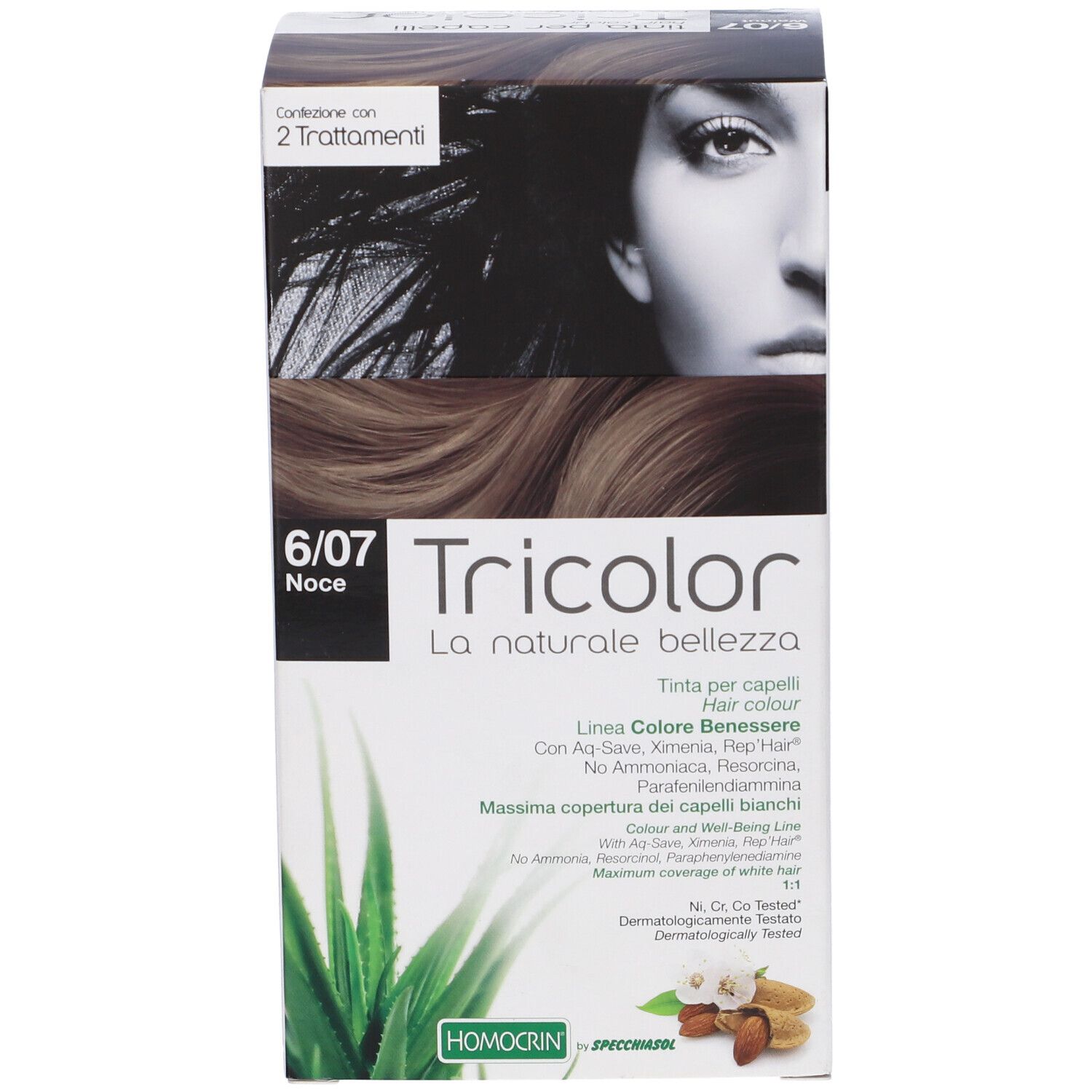 Scatola di tinta per capelli Tricolor. Stampa: 6/07 Noce, volto di donna, foglia di aloe vera, nomi e testo del prodotto.