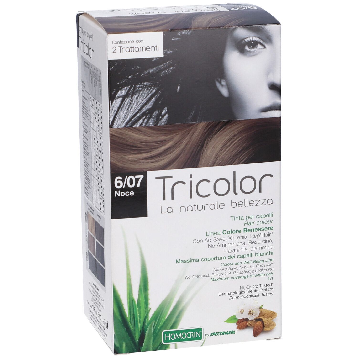 Scatola di tinta per capelli Tricolor. Stampa: 6/07 Noce, volto di donna, foglia di aloe vera, nomi e testo del prodotto.