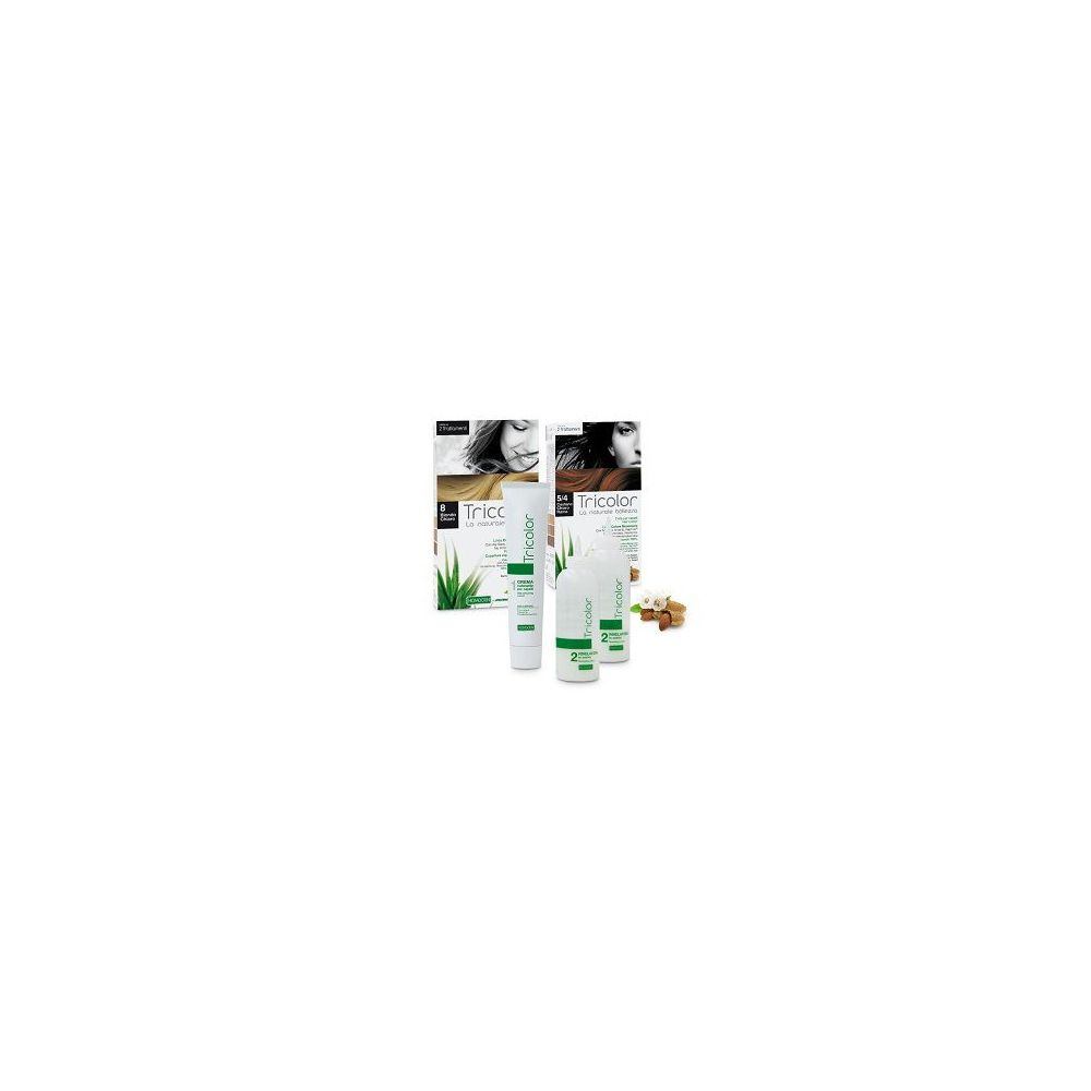 Set di tintura per capelli con flaconi e confezione. Flaconi verdi e bianchi, scatola con nome e logo del prodotto.